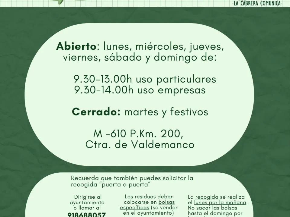 Cartel de horario Punto Limpio en La Cabrera