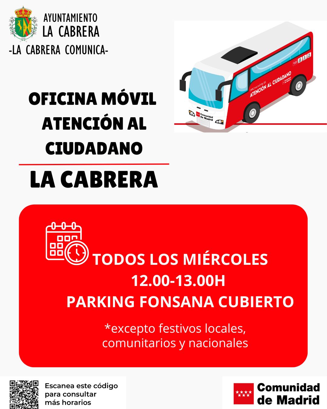 Cartel horario Oficina móvil atención al ciudadano en La Cabrera