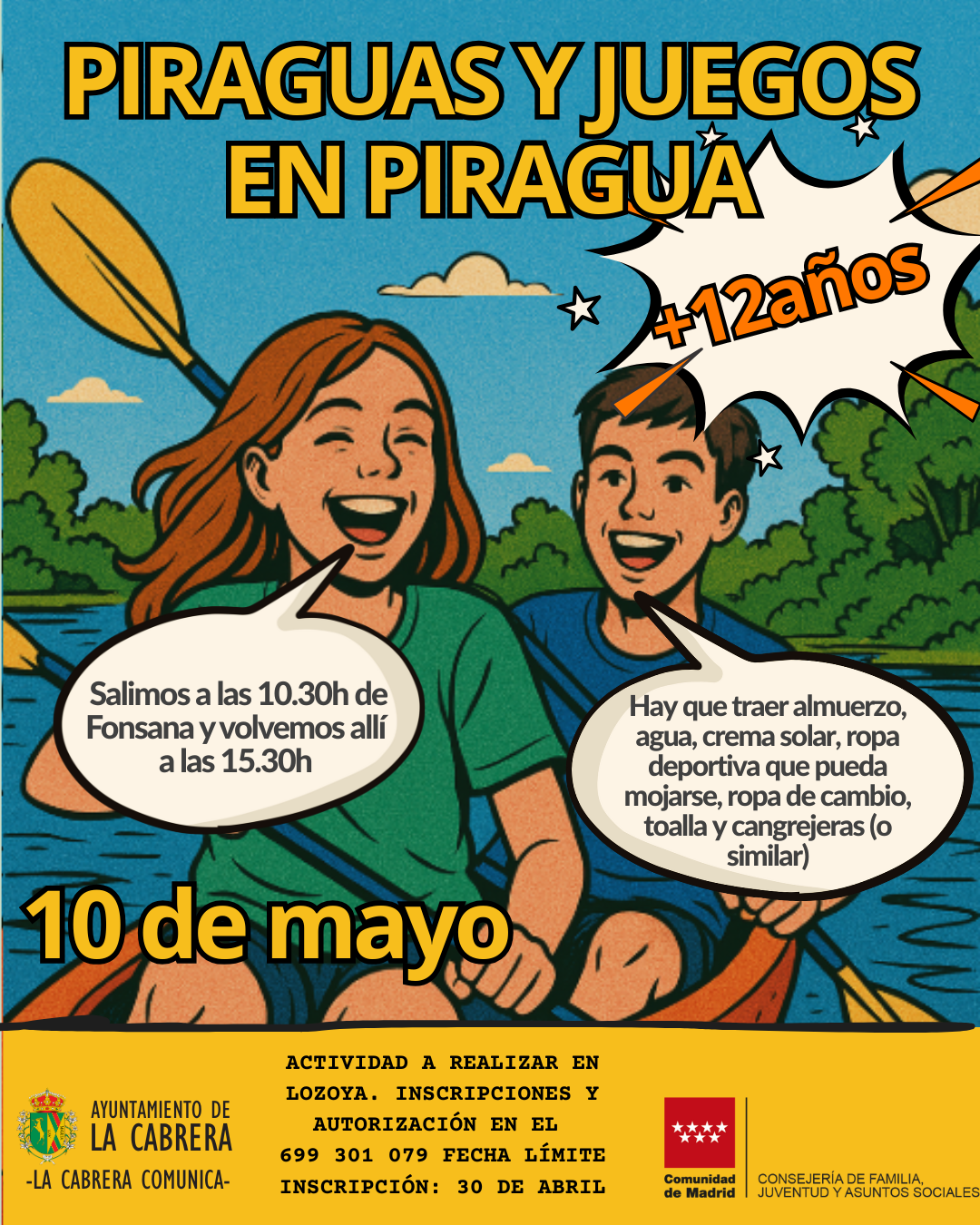 Cartel excursión de piraguas y juegos en piragua