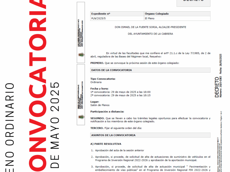 Convocatoria Pleno ordinario 29 de mayo de 2025