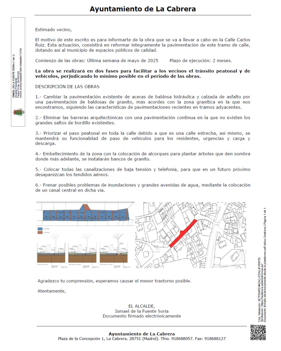 Nota de la alcaldía sobre las obras en Calle Carlos Ruíz