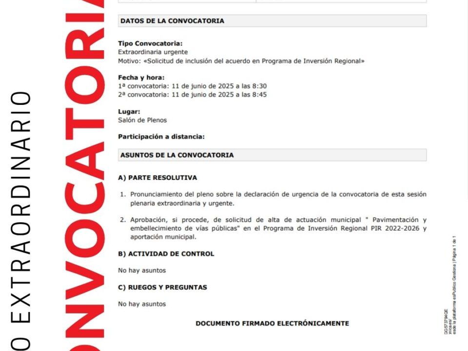 Convocatoria pleno extraordinario 11 de junio de 2025